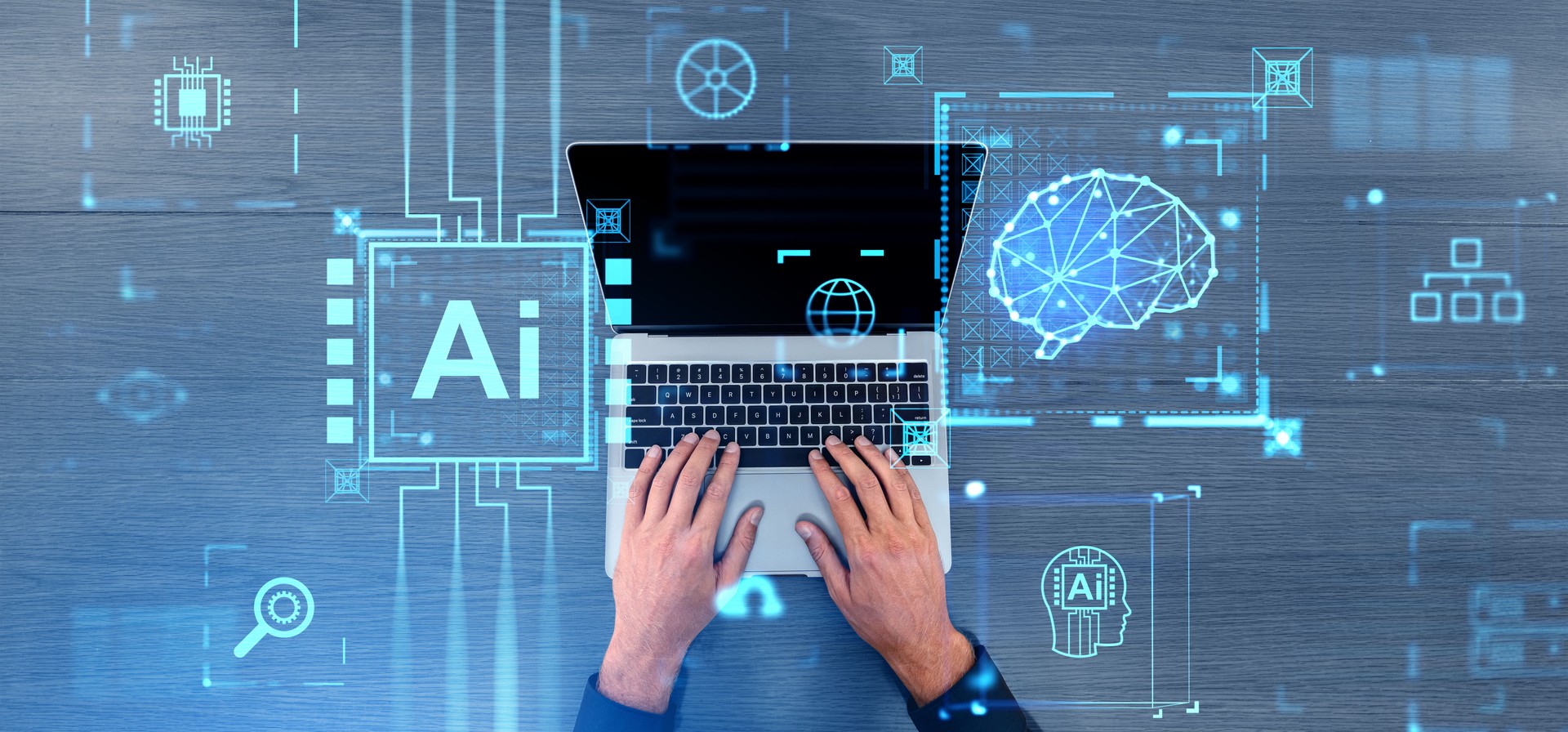 Businessman fingers texting in laptop, AI hologram and machine learning